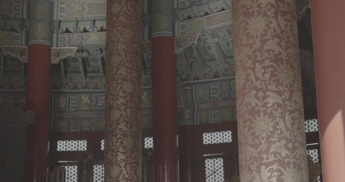Vivid Interiors of Cultural Historic Site with Red Pillars Beijing, China famous landmark Temple of Heaven.
