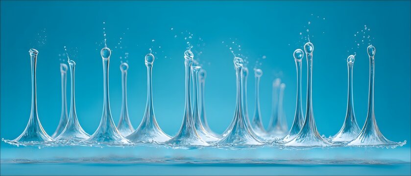 Multiple water splashes create tall thin columns with droplets against a blue background