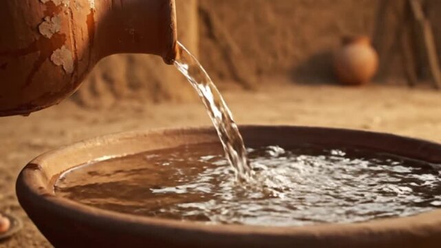 A clay jug pours water into a bowl in a rustic setting. The background features earthy tones and simple pottery, reflecting daily life in biblical times.