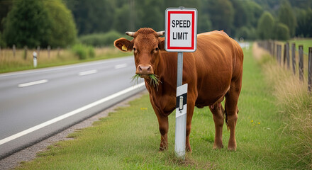 Brown cow eating grass near speed limit sign beside road  