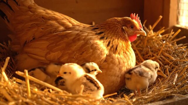 A brown hen sits on straw with several fluffy chicks. The scene captures a nurturing moment in a farm setting, showcasing the bond between mother and young.