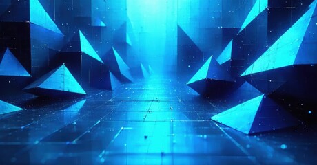 Fototapeta premium Abstract blue geometric shapes create futuristic tunnel. Bright light emanates from distant center point. Grid floor adds depth.