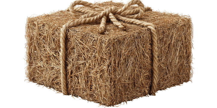 A square bale of dried hay tied with a thick rope, detailed, close-up, isolated on black background