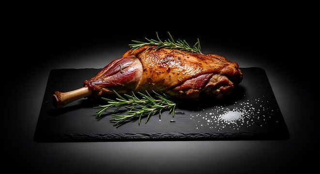 Perfectly roasted duck with seasoned garnish on a dark plate. pierna cordero