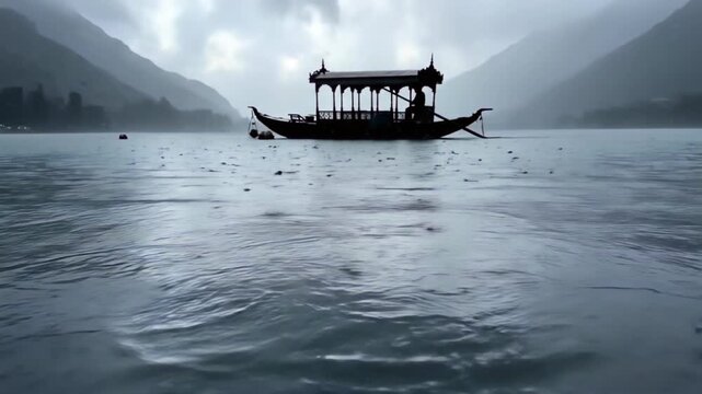 Serene rainy day on Dal Lake in Kashmir India, traditional Shikara boat glides through tranquil waters with raindrops creating ripples, misty mountains in background, atmospheric and peaceful