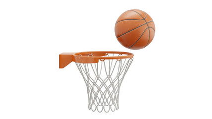 Basketball going through hoop in dynamic motion with bright lighting on isolated white background for sports advertising