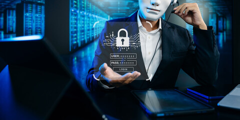 Anonymous hacker using biometric fingerprint scan interface for identity verification, secure...