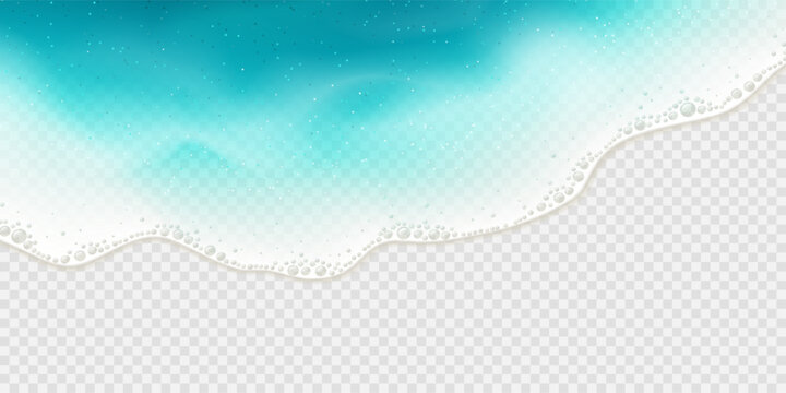 Template of realistic foamy sea waves. Turquoise ocean water waves isolated on checkered background. Gradient moving sea waves with transparency effect. 3d vector element for summer design, cover.