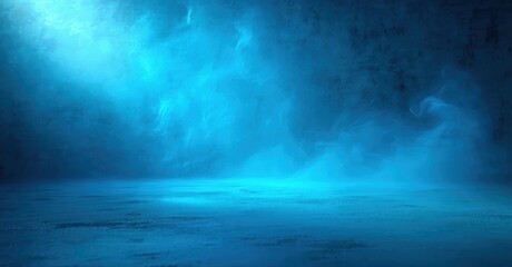 Naklejka premium Dark studio backdrop. Blue light illuminates rough concrete floor, creating dramatic atmosphere. Fog adds mysterious effect.