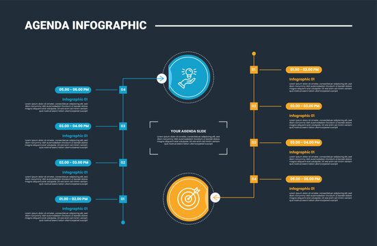 Agenda or schedule infographic process diagram with comparison object with circle and line separator with dark background bright outline style 2 points