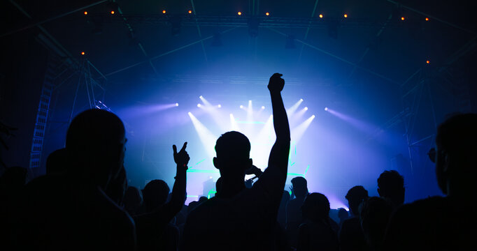 Cheering crowd with hands raised at concert. Summer and festival vibes