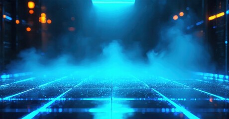 Fototapeta premium Futuristic scene. Glowing grid floor, fog, bright lights create digital atmosphere. Dark background emphasizes vibrant blues, oranges.