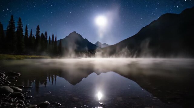 Magical moonlit night over a serene lake in Kashmir India, with mist rising from the water and stars illuminating the vast sky above silhouetted mountains and pine trees, creating a tranquil