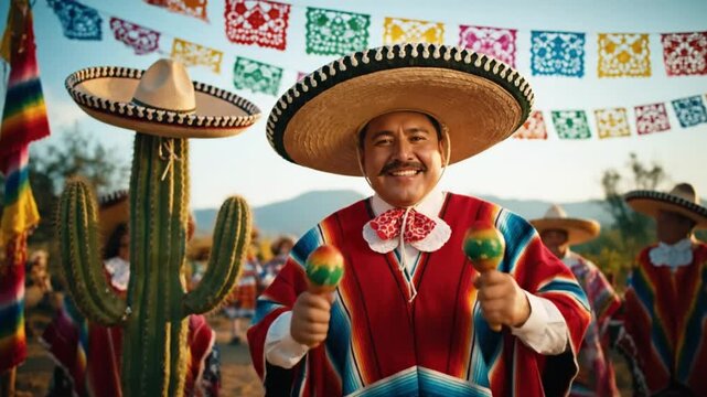 A joyful Mexican man in traditional attire holds maracas. He wears a sombrero and a colorful poncho, surrounded by festive decorations and cacti.