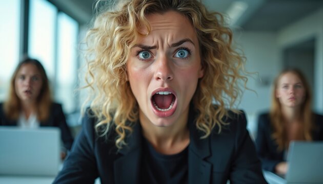 Woman expresses extreme shock or disbelief in office meeting. Colleagues look concerned in background. Represents crisis, failure, or unexpected bad news.