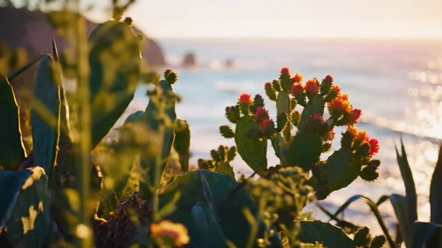 Vibrant cacti and succulents thrive on a coastal cliff overlooking