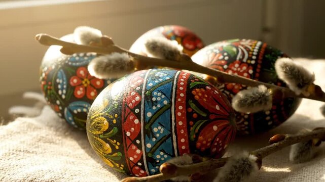 Colorful decorated Easter eggs resting on a soft cloth with a branch of pussy willow nearby. Natural light illuminates the scene.