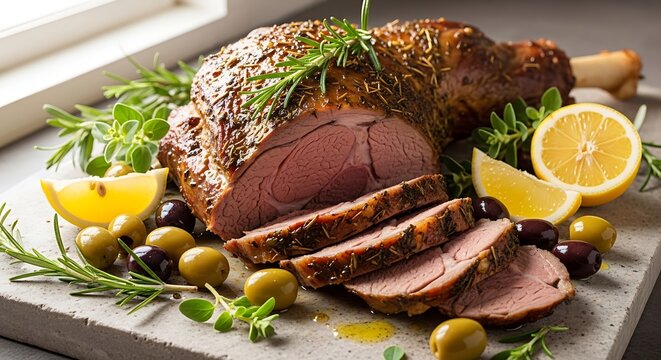 Juicy roast beef with seasonal garnishes on a wooden serving board. pierna cordero