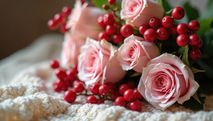 Fototapeta premium Close-up of pink roses with red berries on white knitted fabric. Soft romantic arrangement suggests gift for loved one. Perfect for valentines day or anniversary celebration.