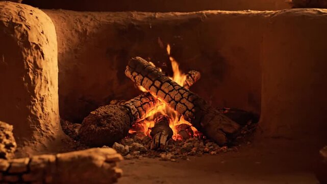 A rustic interior scene from biblical times. A fire burns in a stone hearth, surrounded by logs and round bread loaves on the ground.