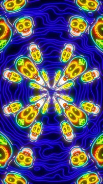 Seamless vertical video of a kaleidoscopic tunnel of mexican skulls with neon glow. Funny Halloween background with fluorescent effect for parties and events.