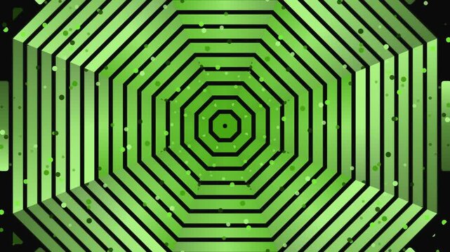 Green neon concentric hexagons forming a futuristic pattern.