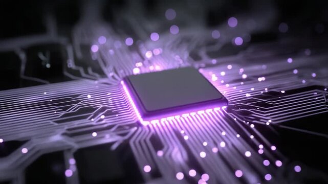 Exploring Advanced Technology: A Close-Up View of a Central Processing Unit Surrounded by Radiant Circuitry and Digital Connections Illuminated in Purple Glow