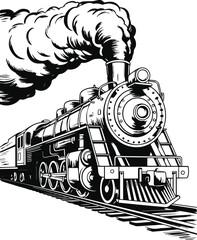 Black and white steam locomotive head-on on railroad tracks © Icon Stock