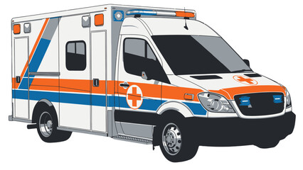 Ambulance vehicle parked on a white background viewed from the front side