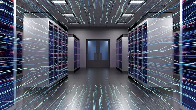 Data Center with Tiny Glowing Fiber Optic Lines - 3d 4k animation (3840 x 2160px)