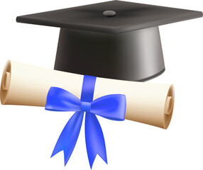 3d diploma scroll with graduate hat. Vintage roll paper with black mortarboard. Graduation education certificate of university, college, or school. Vector illustration. EPS 10.