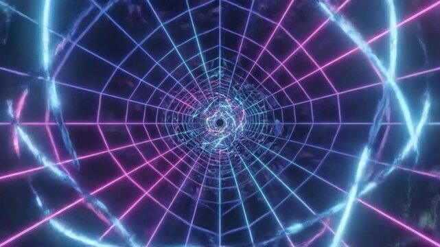 Flying through a futuristic neon grid tunnel with glowing lights.