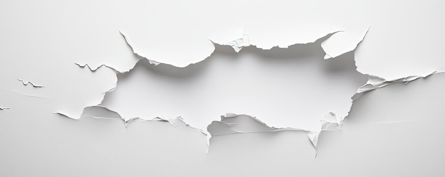 A minimalist abstract concept of a ripped opening in the center of a solid white wall or paper surface. The curled edges create a 3D effect, symbolizing breakthrough or discovery.