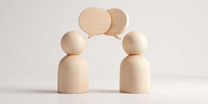 Diverse group of wooden figures with speech bubbles symbolizing communication