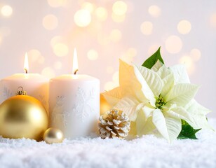 Elegant Christmas Still Life with Candles, Poinsettia, and Golden Ornaments.