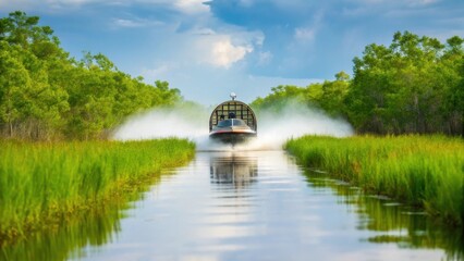 Obraz premium Airboat Speeding Through Green Swamp Channel with Water Spray