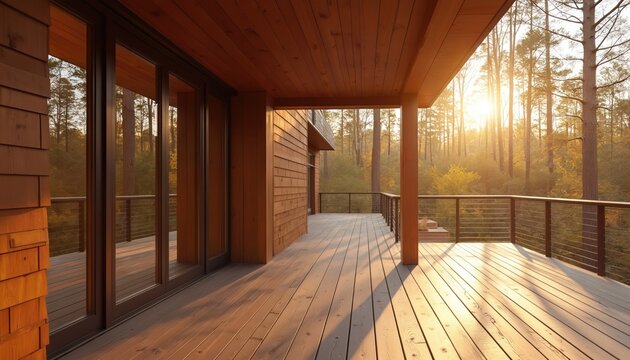 Wooden house deck overlooks forest at sunset. Modern home exterior with cedar siding and large glass doors. Warm evening light filters through trees onto the patio.