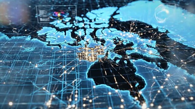 Digital map of North America showing global network connections and data flow