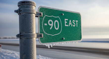 Icy road sign for Interstate 90 East near frozen lake in winter  