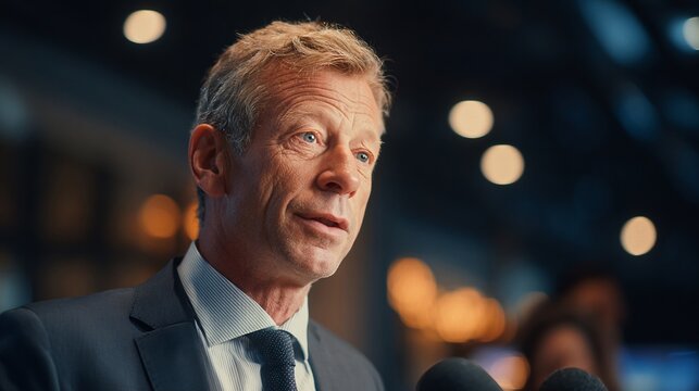A middle-aged Caucasian man in a suit speaks during a press event, surrounded by soft bokeh lights.