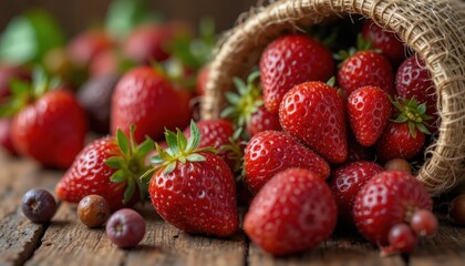 Fresh and Juicy Red Strawberries Spilling from Woven Basket on Rustic Wooden Table