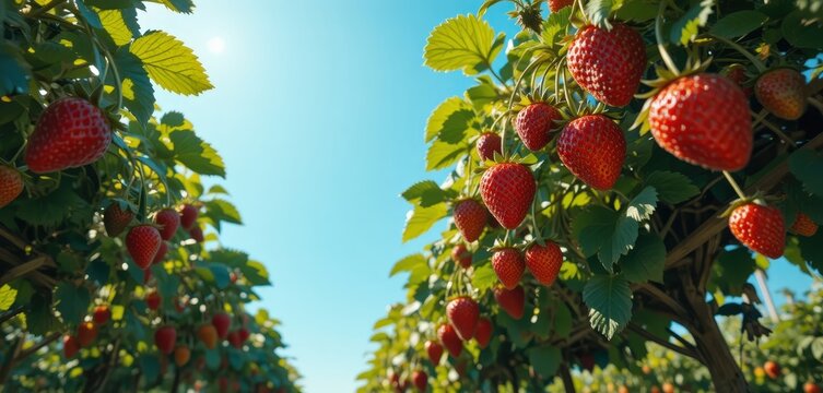 Lush Strawberry Fields Under Bright Blue Sky on Sunny Day with Ripe Fruit