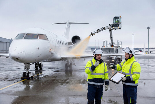Ground crew de-icing a private jet on a winter airport apron, maintenance and safety operations with technicians in high-visibility jackets, aviation service concept