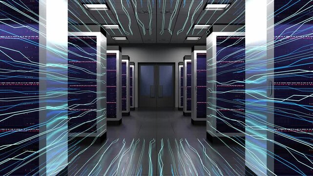 Server Room Corridor with Tiny Flowing Data Streams - 3d 4k animation (3840 x 2160px)