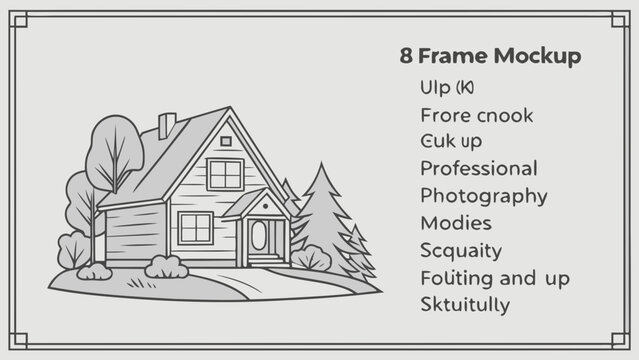 8 Frame Mockup with House Illustration and Text Overlay.