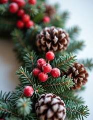 Fototapeta premium Close up of festive Christmas wreath made of pine branches red berries and pinecones. Frosted effect on elements creates holiday ambiance with soft lighting and bokeh.