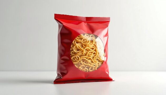 Red packet of dried ramen noodles stands on white surface. Transparent circle window shows coiled pasta inside. Product isolated, ready for compositing. Quick meal solution.