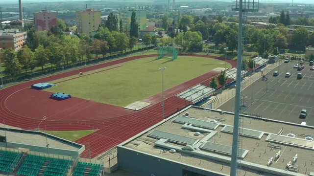 drone overlooking soccer field in chomutov in czech republic during the day mais sport center in the city