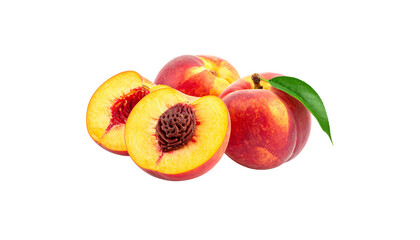 Ripe, fresh peaches with green leaves are placed on a white background