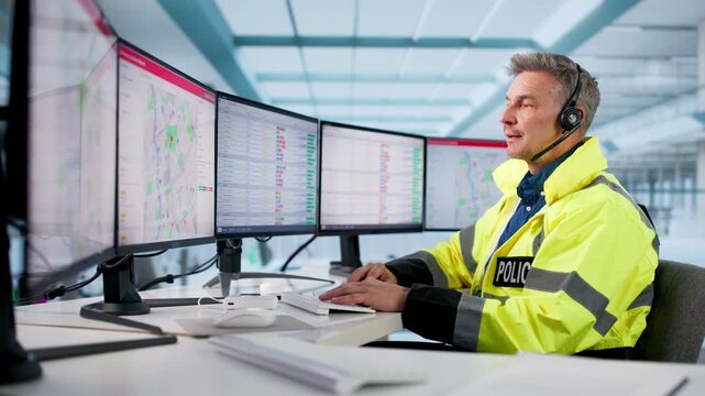 Modern Police Officer Monitors Traffic Using Computer